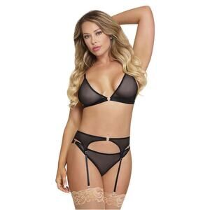 🦋B2G1🦋MAGIC SILK-Exposed Sassy Bra, Garter & Rouched SEXY Panty Set BLACK